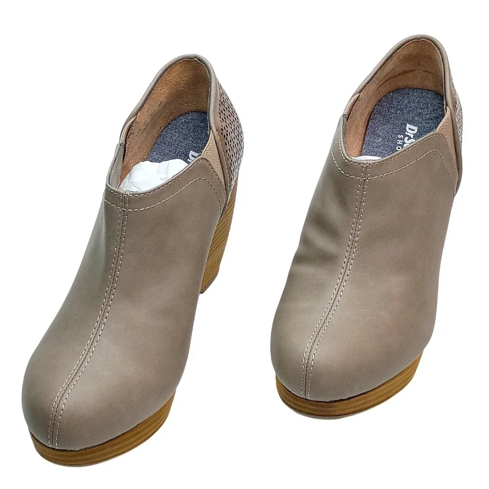 Dr. Scholls Harlow Wedge Booties Taupe Brown Perforated Ankle Boots Womens 8.5M